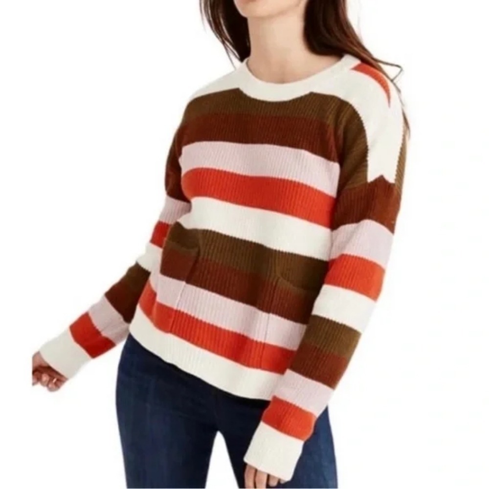 Madewell Womens Multicolor Stripe Cotton Blend Sweater XS Pocket Crewneck Ribbed